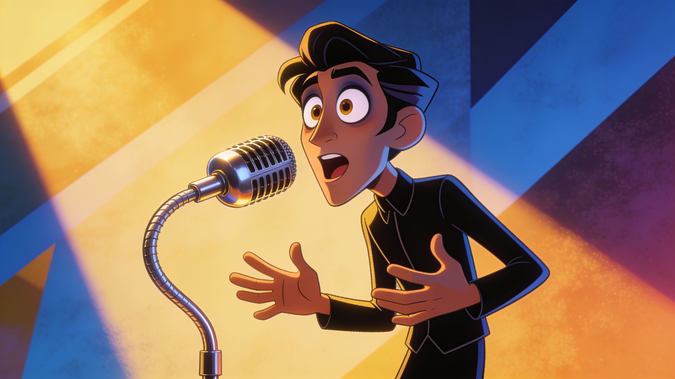 Stylized character speaking into microphone
