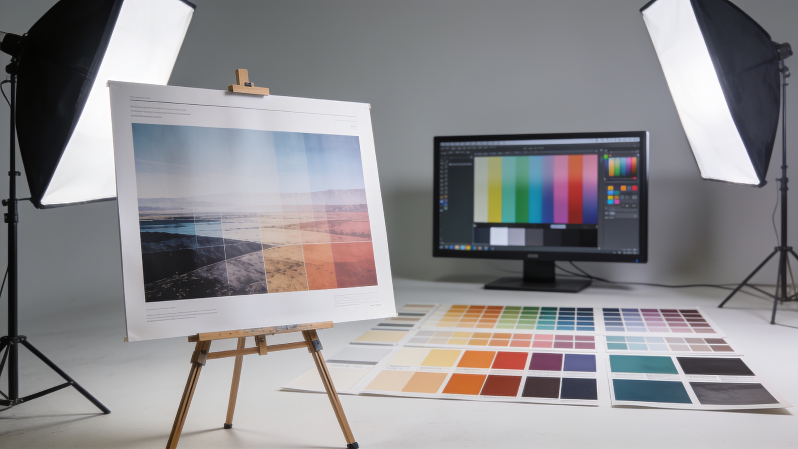 Poster on an easel with color calibration tools