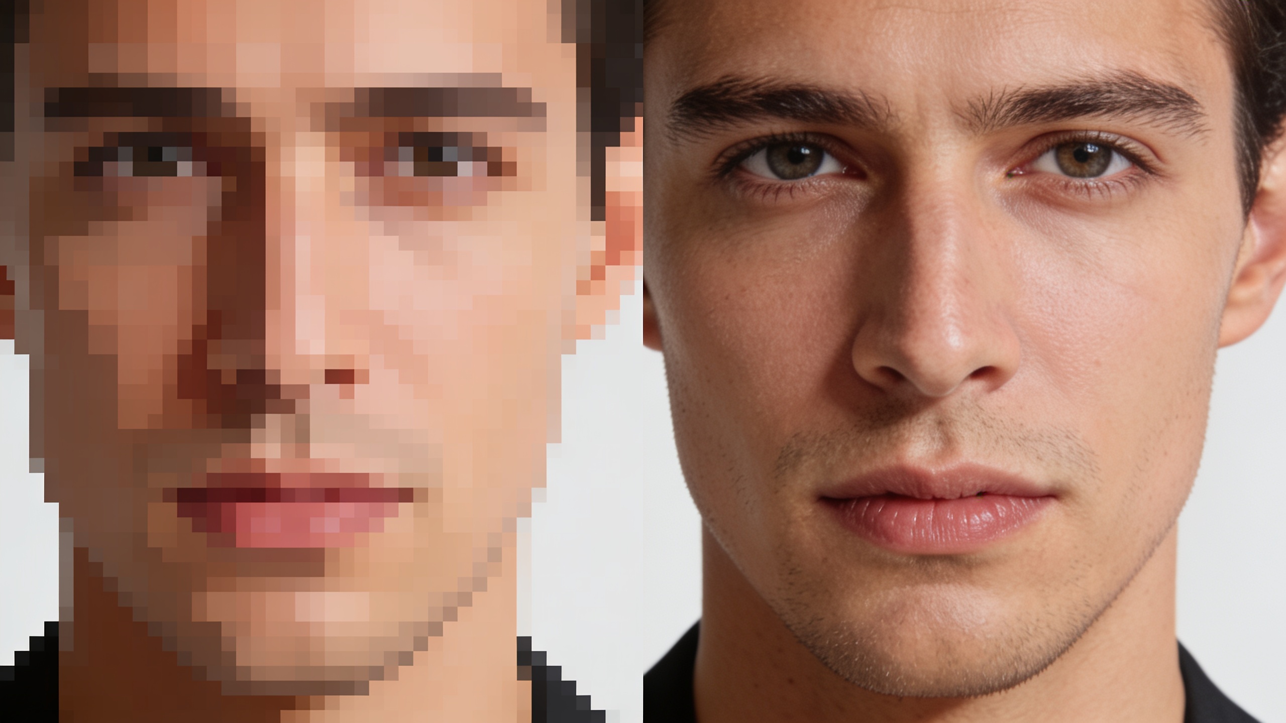 Split view of low-res and upscaled 4K portrait
