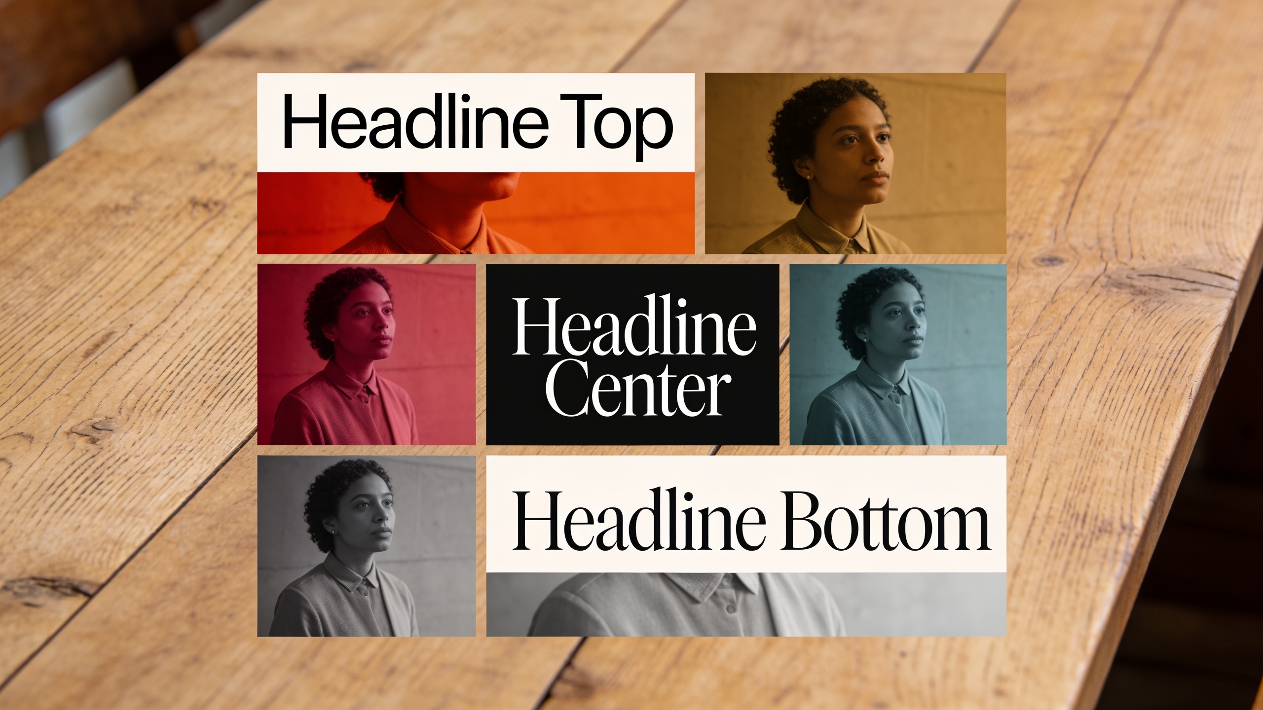 Grid of thumbnail variations with different color grades and text placements