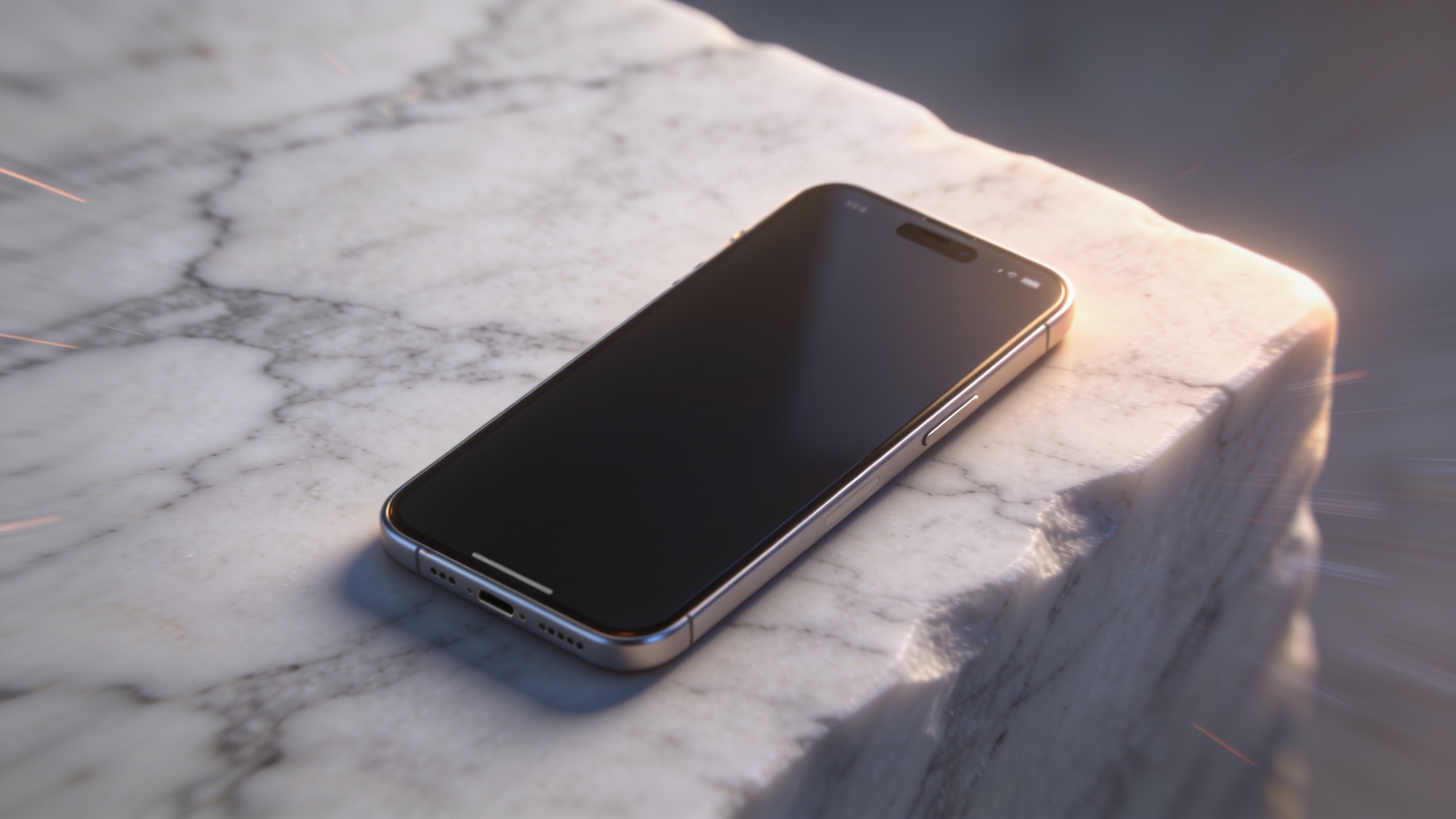 Vertical smartphone mockup on marble slab with soft rim light and slight dolly motion.