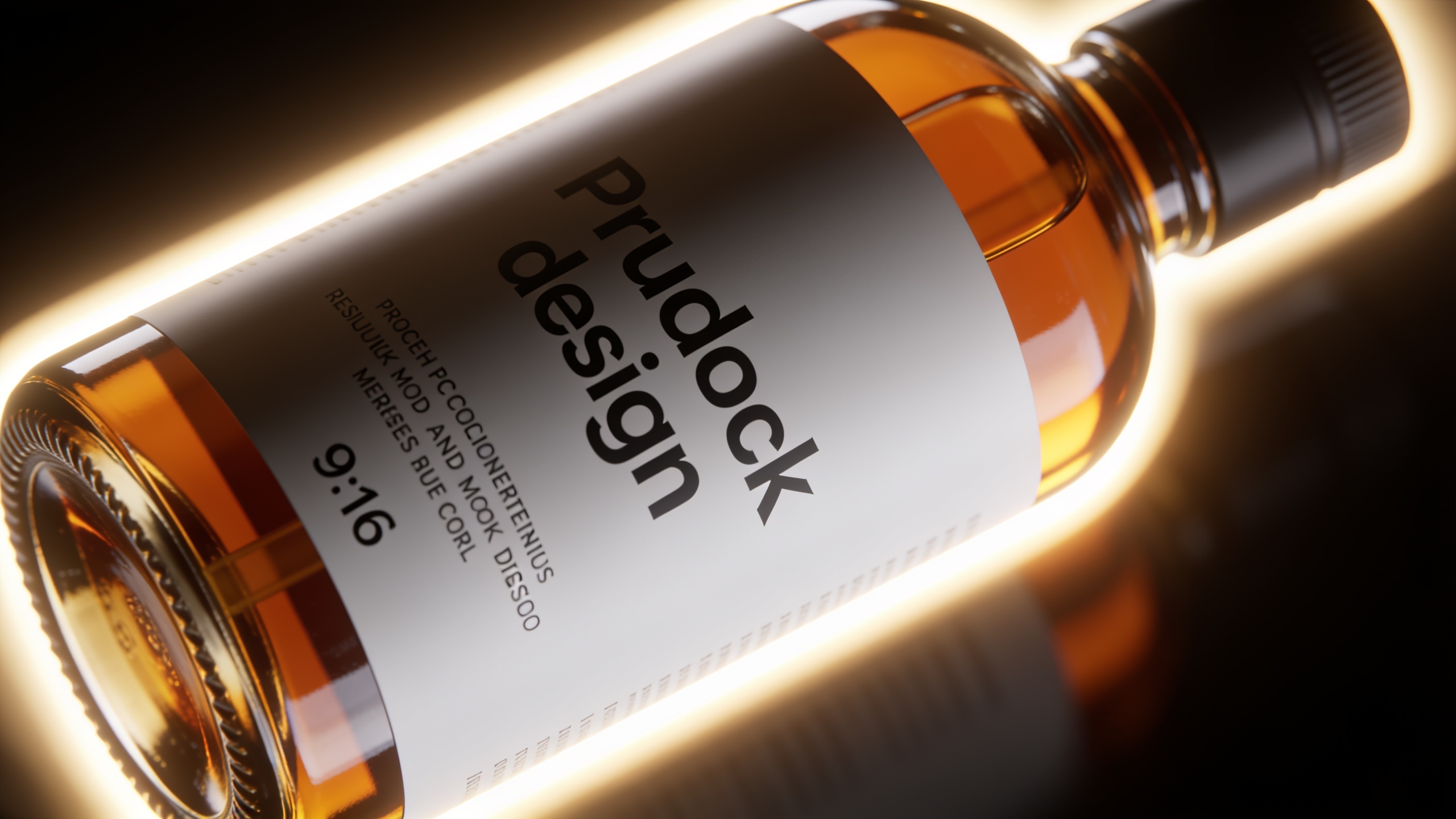 Vertical glossy bottle mockup doing a slow micro-rotation with studio backlight, loopable frame.