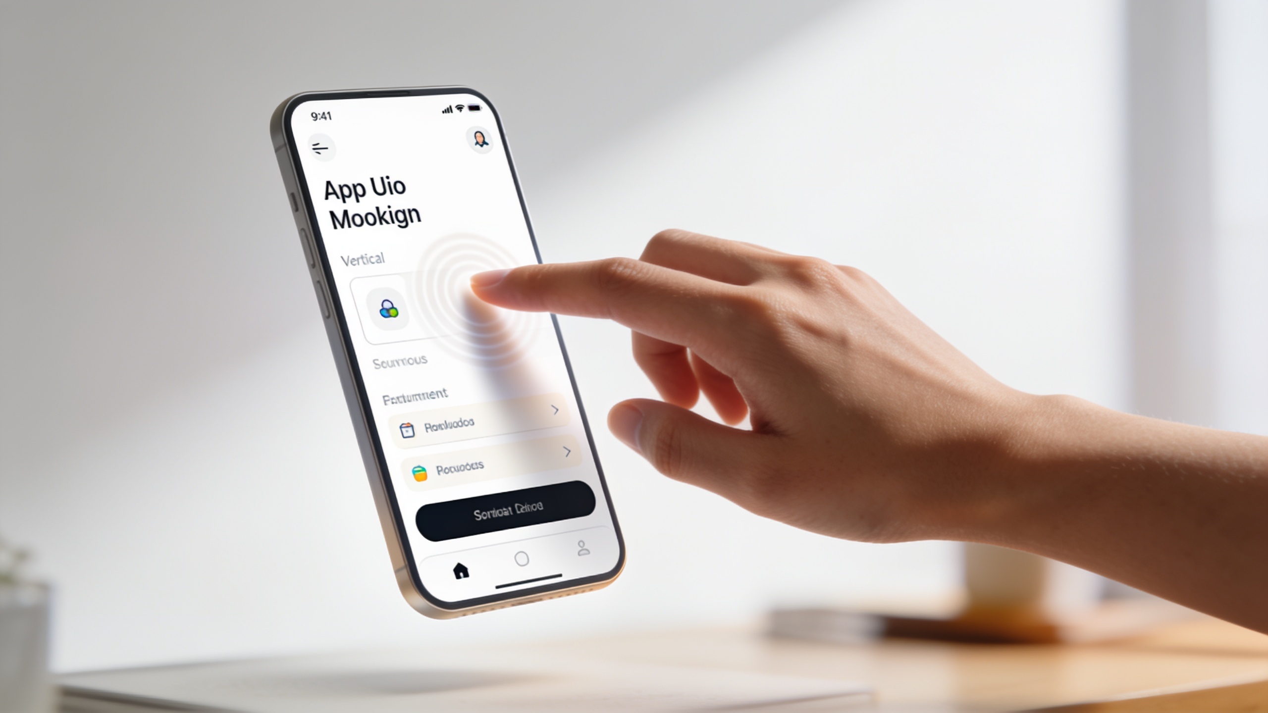 Vertical app UI mockup showing swipe motion above a blurred desk with warm lighting.