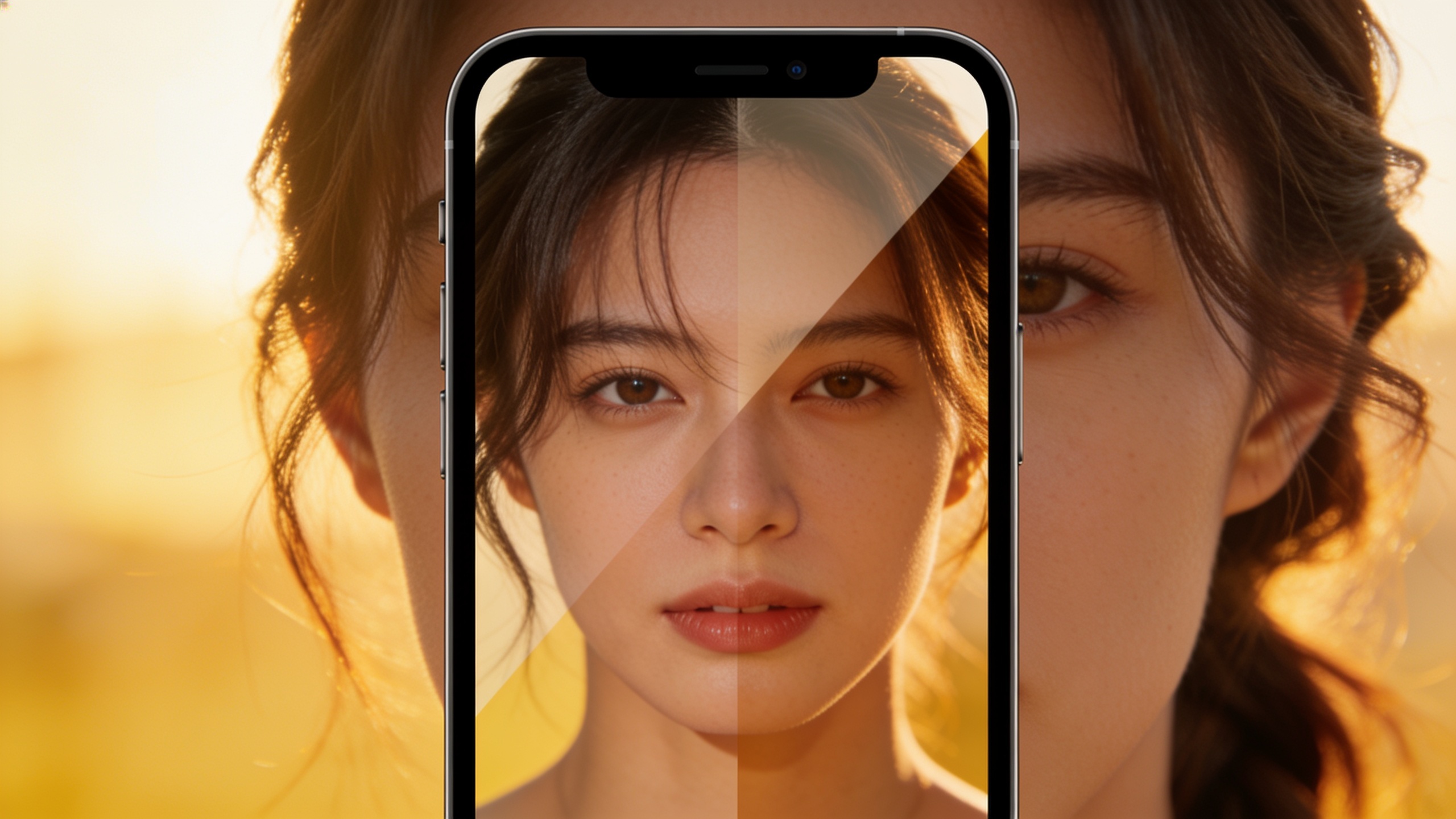 Split-screen before and after hair reveal in portrait format