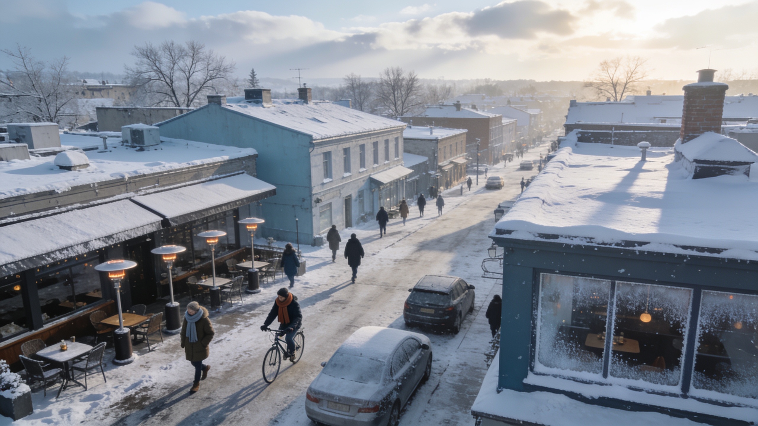 Urban scene relit to cool winter tones