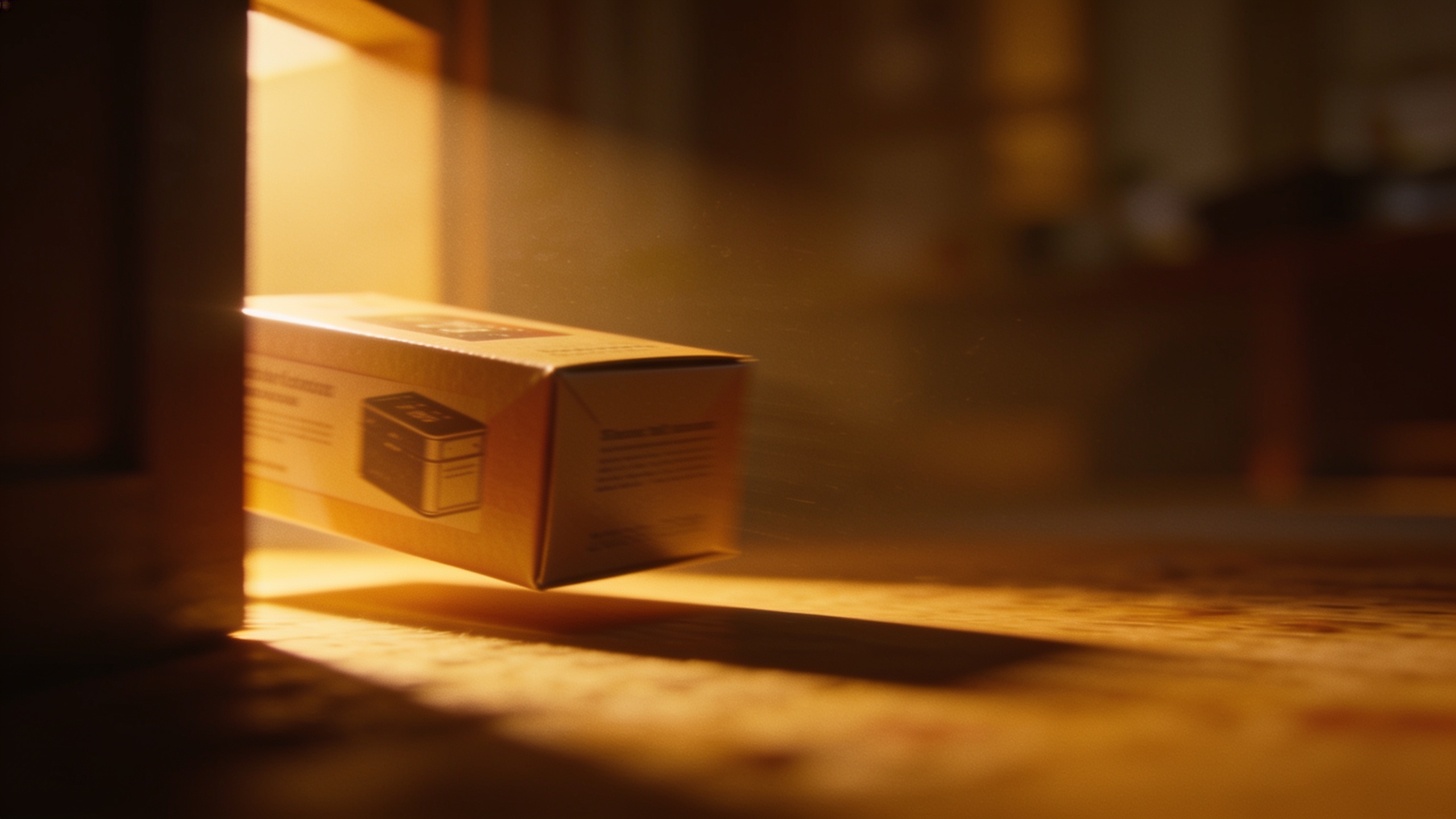 Cinematic product reveal of a box sliding into frame with a slow push camera.