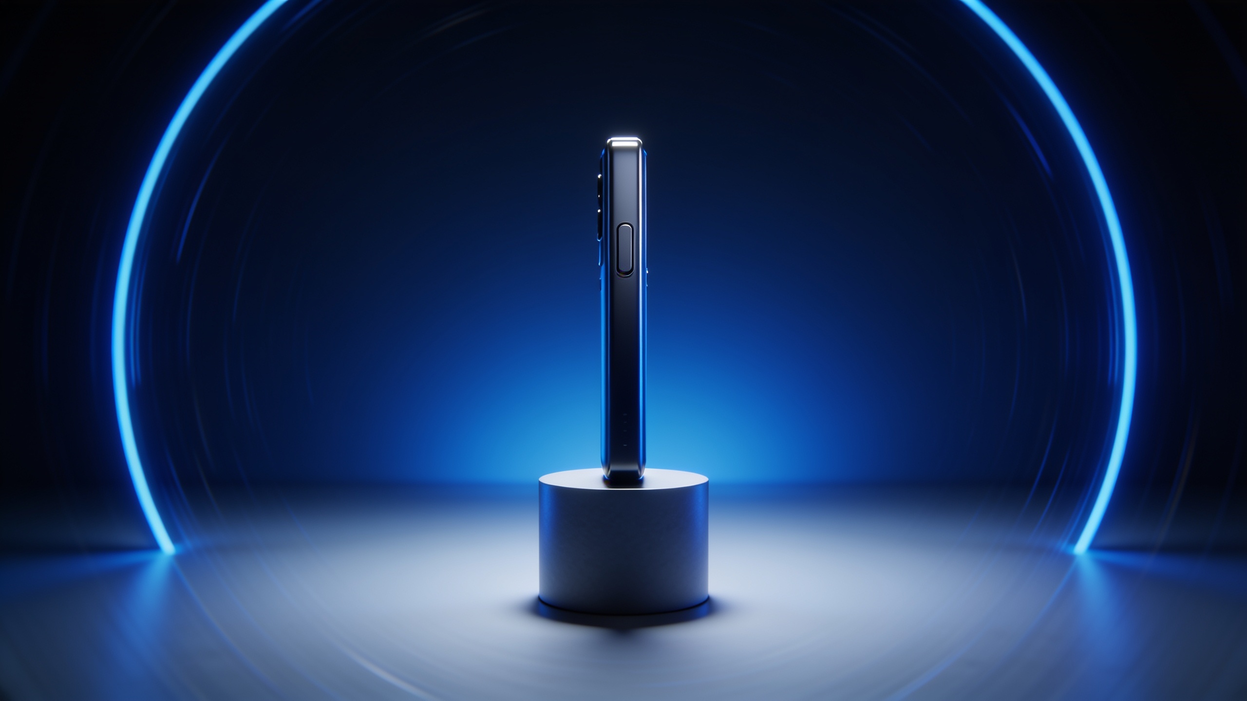 Gadget on pedestal with blue backlight and vertical composition
