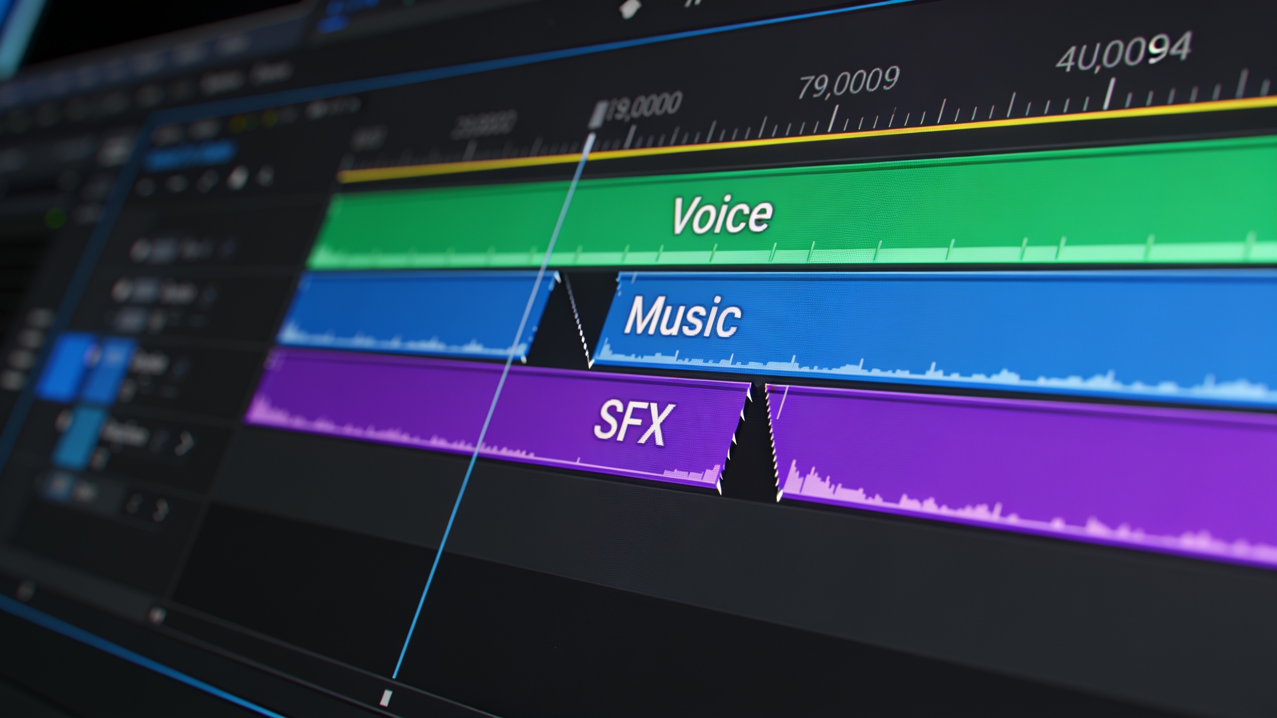 Editor timeline showing voice, music, and SFX tracks