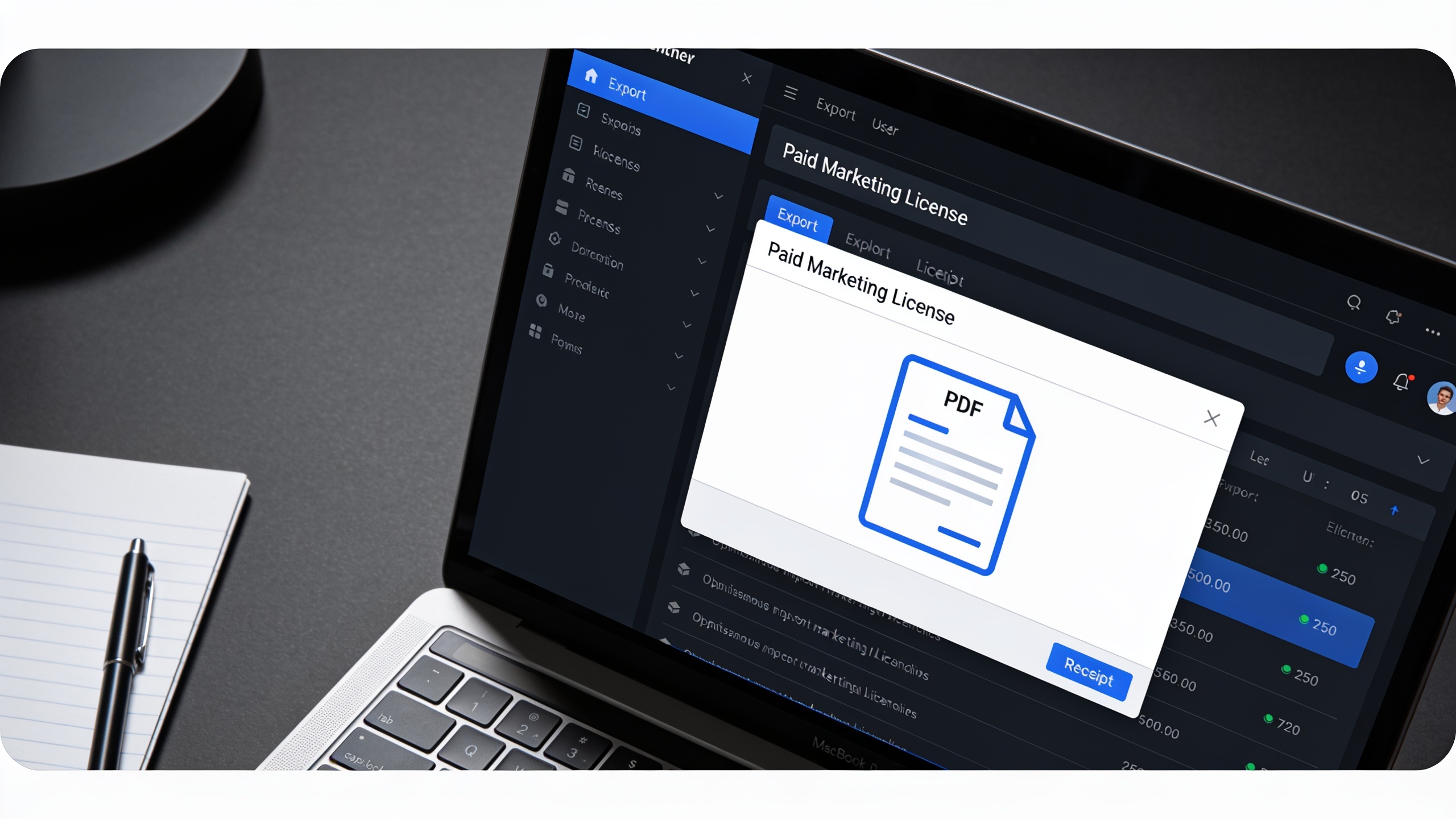 Export dialog showing Paid Marketing License and receipt icon