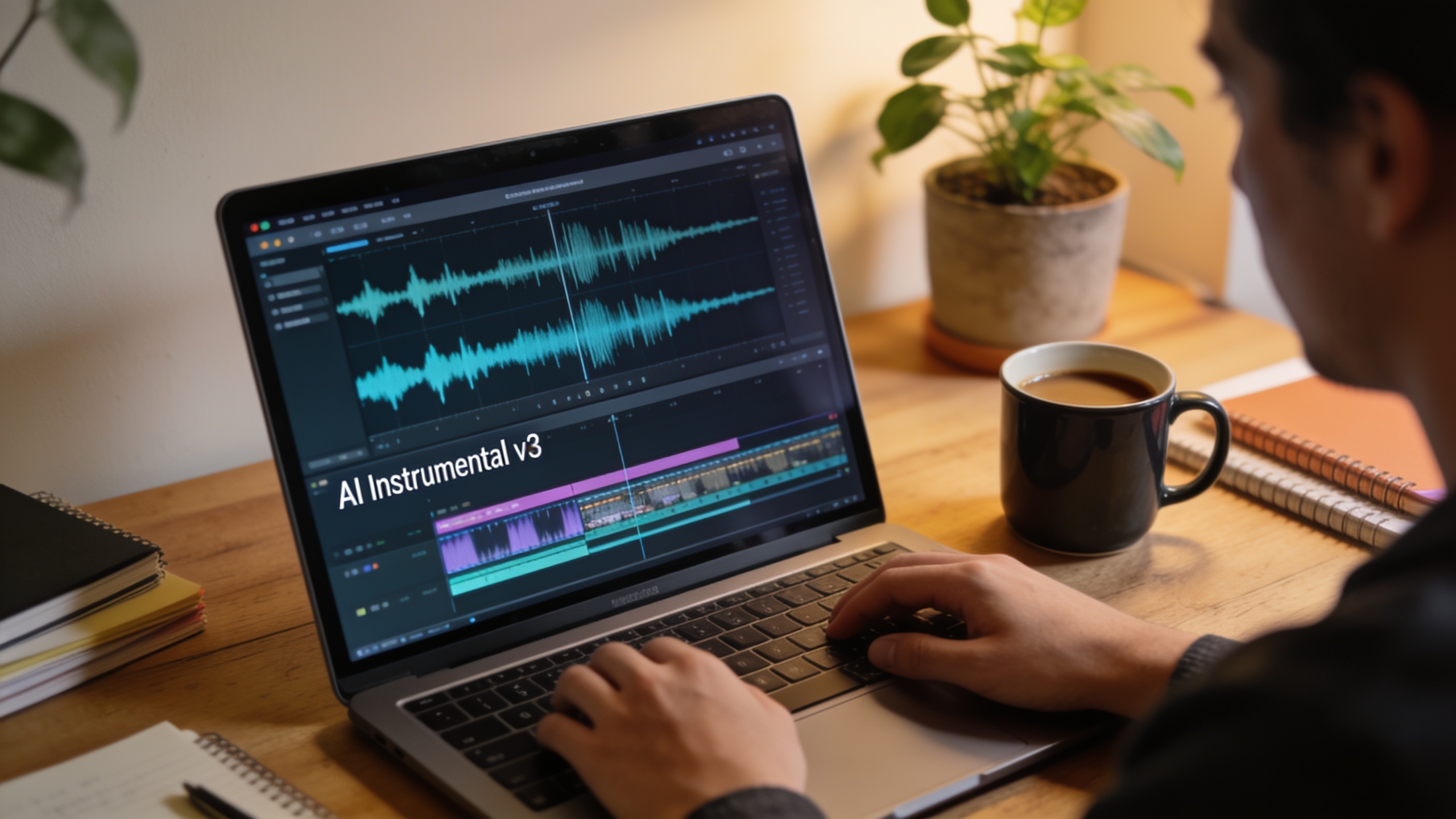 Creator editing video with AI instrumental track visible