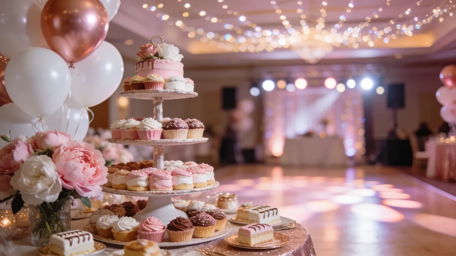 Rose-gold party table with balloons and desserts set for a bat mitzvah celebration and her custom song