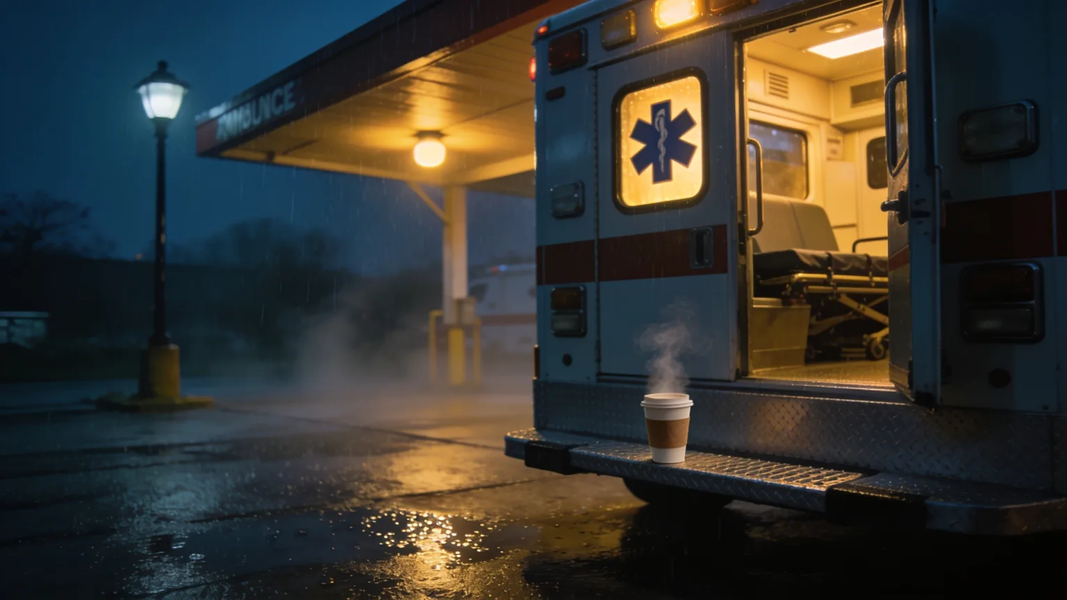 Ambulance glowing under station lights on a quiet rainy night, the 3 a.m. calm that EMS and paramedic tribute songs finally give a name