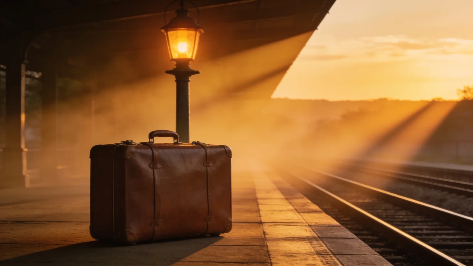 A leather suitcase on a golden-lit train platform at dusk, the bittersweet threshold a farewell song gives the send-off it deserves