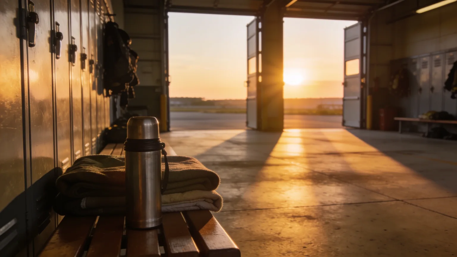Dawn light filling a quiet station bay with coffee and folded blankets on the bench, the everyday readiness first responder tribute songs honor
