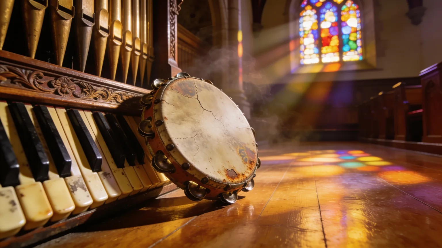 Organ keys and a tambourine glowing under stained-glass light, instruments waiting to carry an original gospel song