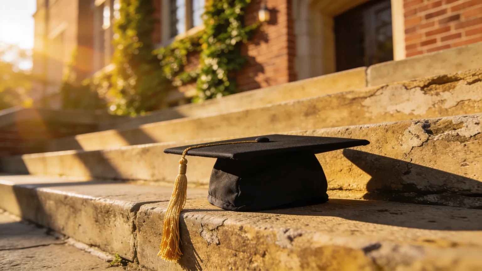 A graduation cap with a gold tassel catching the last light on campus steps, the milestone a graduation song sets to music
