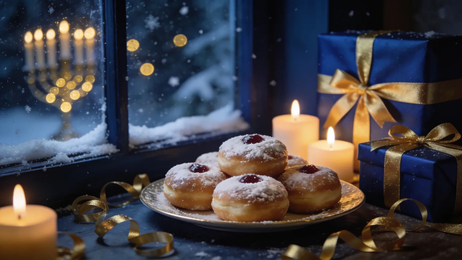 Sufganiyot and blue-and-gold gifts by a snowy window, the warmth a personalized Hanukkah song brings to eight nights