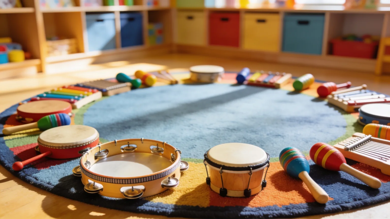 Circle-time rug with tambourines and shakers set out for Hebrew school songs