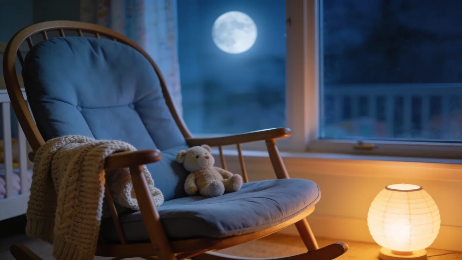 Rocking chair in a moonlit nursery where a Jewish lullaby with the baby's Hebrew name is sung