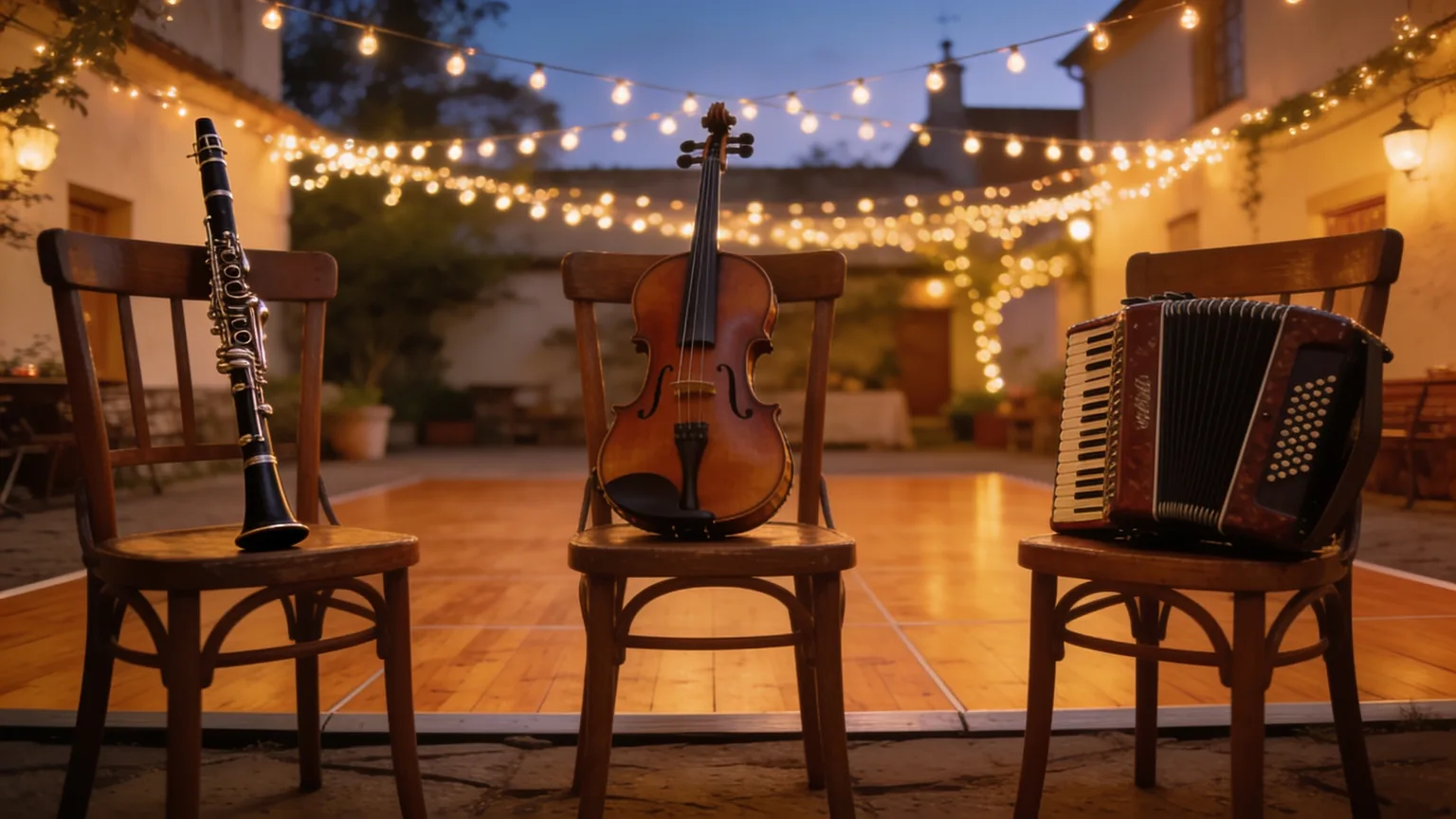 Clarinet, violin, and accordion waiting on chairs before the dancing — the sound a klezmer music generator creates