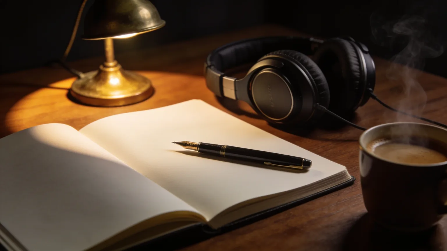 A blank notebook, pen, and headphones under warm lamplight, the moment written lyrics are about to become a finished song