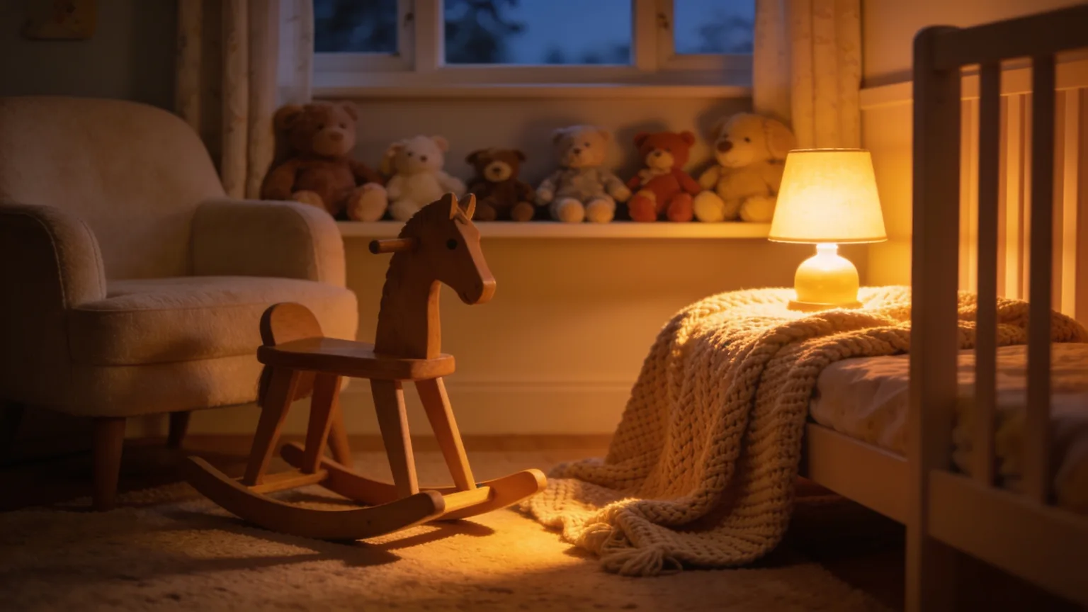 Wooden rocking horse and plush toys in a lamplit nursery at bedtime, the cozy world a custom nursery rhyme is made for