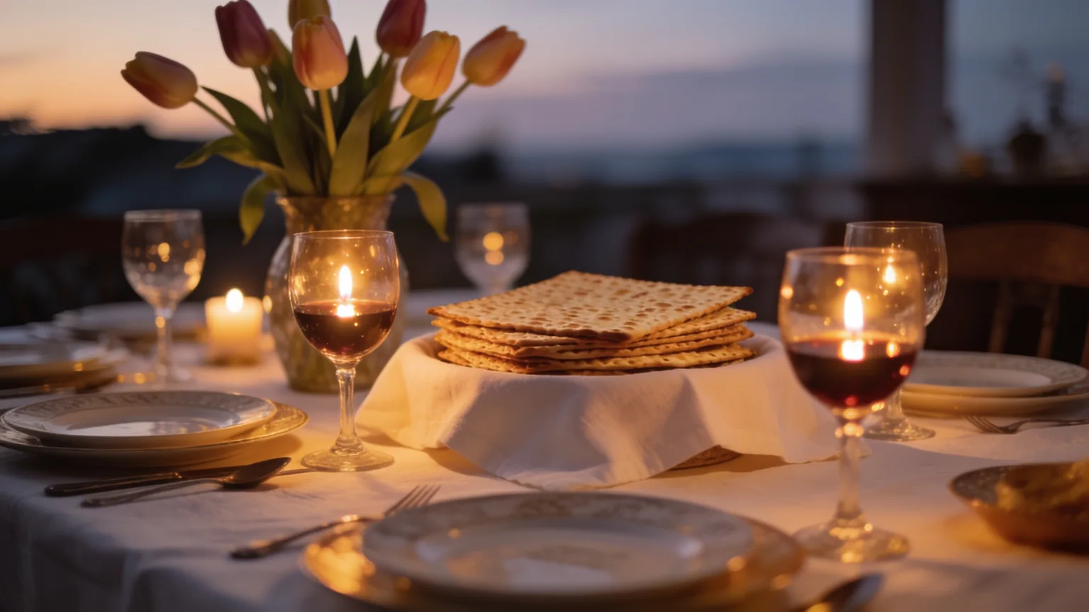 Candlelit seder table with matzah and wine set for the family gathering a Passover seder song joins