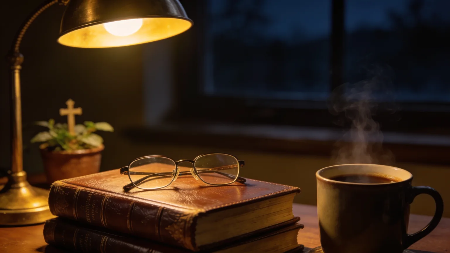 Reading glasses and worn books under lamplight on a quiet study desk, the years of faithful service a pastor appreciation song finally says thank you for