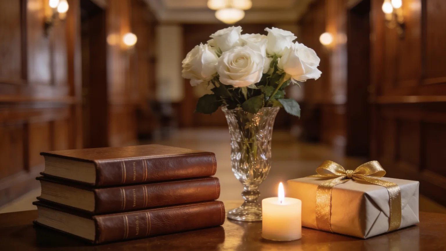 Tribute dinner table with books, roses, and a gift for honoring a rabbi with an appreciation song