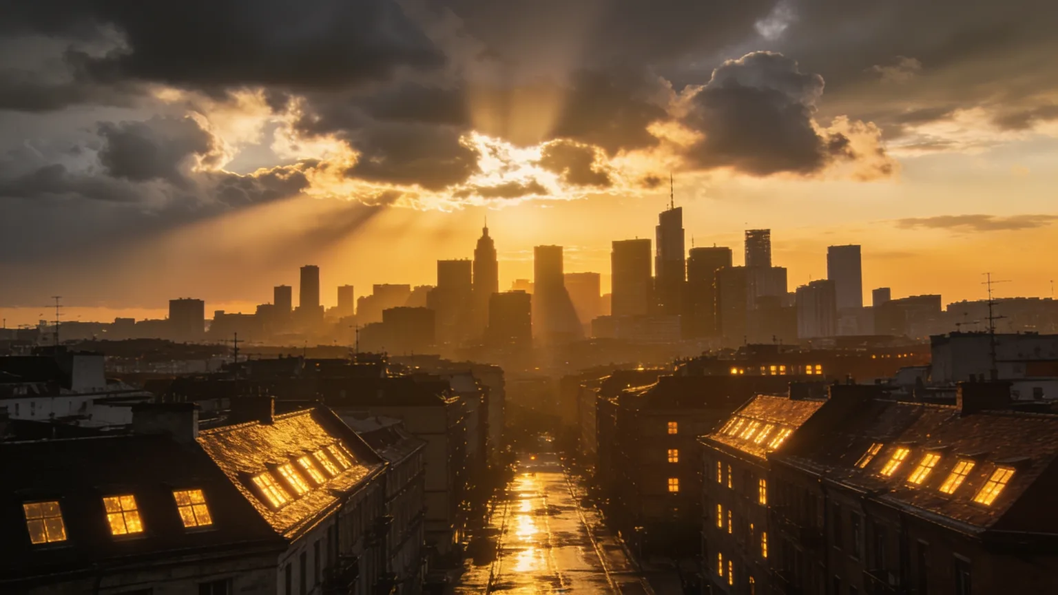 Dawn light breaking through storm clouds over a waking city, the quiet triumph that songs about heroes put into a chorus