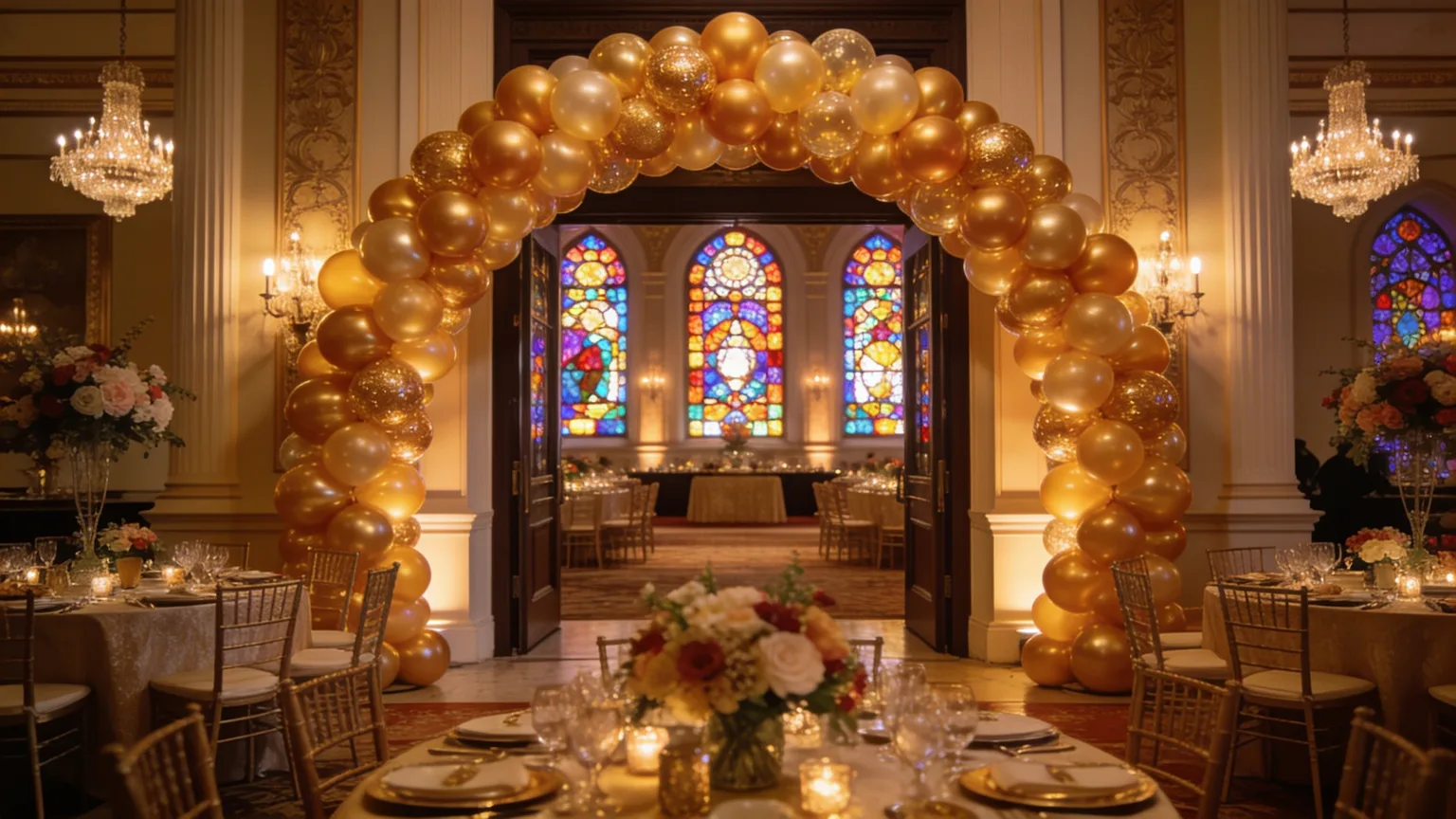 Gala hall with golden balloons and stained-glass light for a synagogue anniversary song