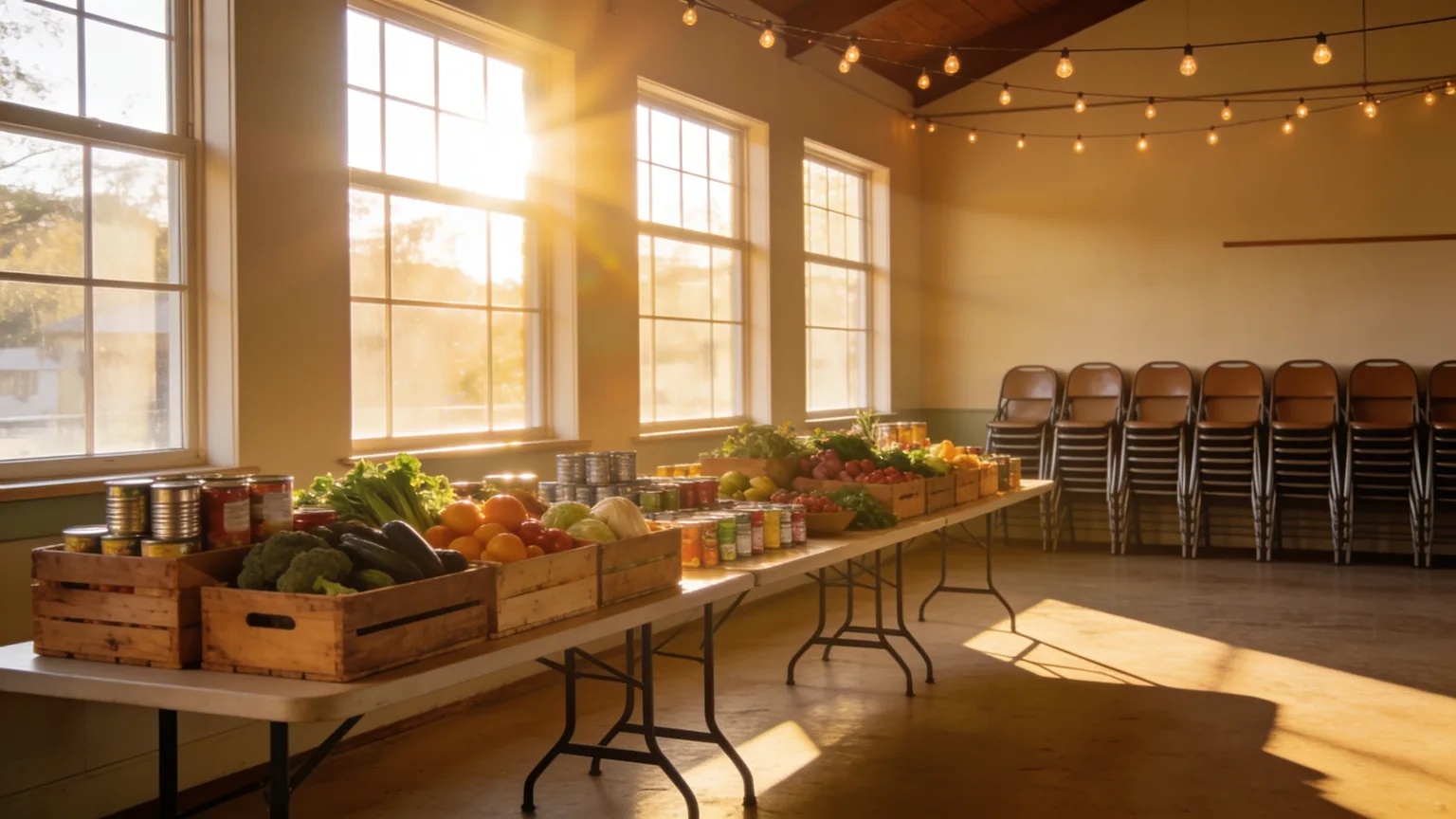 Crates of fresh produce and stacked folding chairs in a sunlit community hall, the Saturday-morning generosity a volunteer appreciation song celebrates